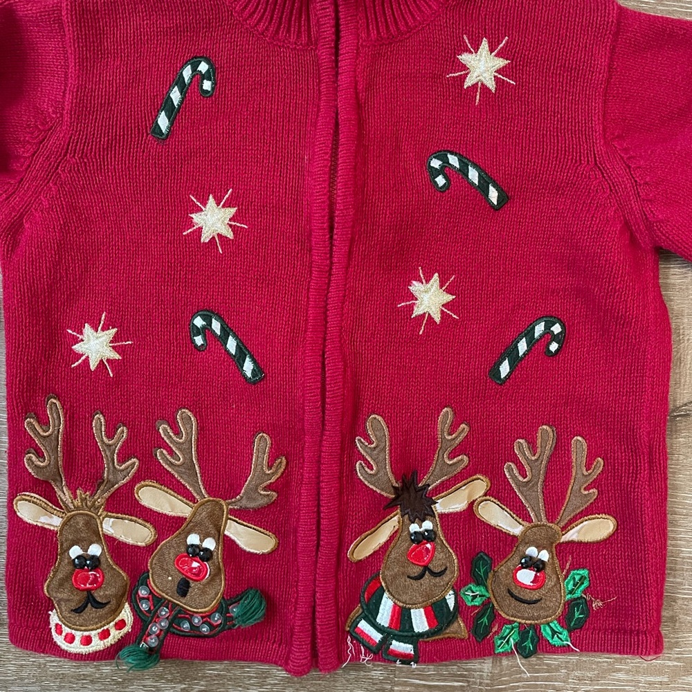 Kids Red Reindeer Holiday Full zip Sweater size M 8/10 - Picture 2 of 7